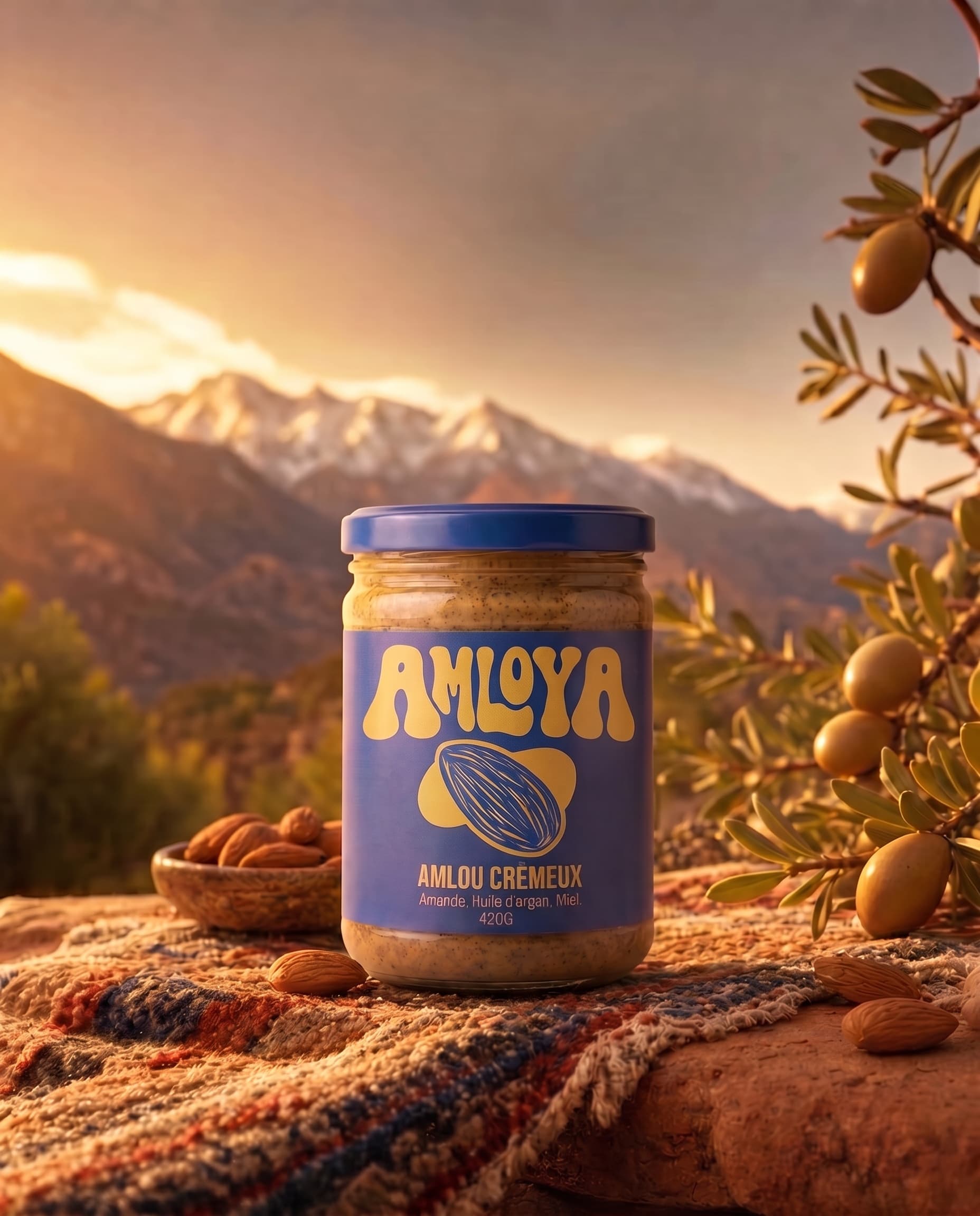Pot AMLOYA devant les sommets enneigés de l'Atlas au coucher du soleil