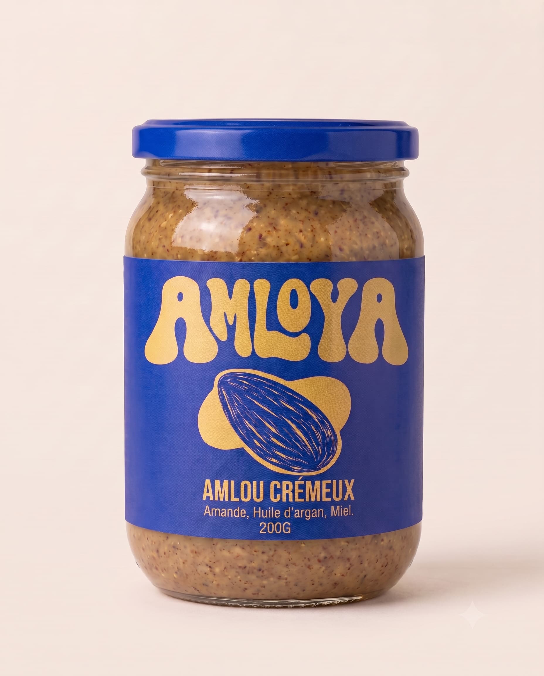 Packshot studio du pot AMLOYA d'amlou crémeux sur fond crème