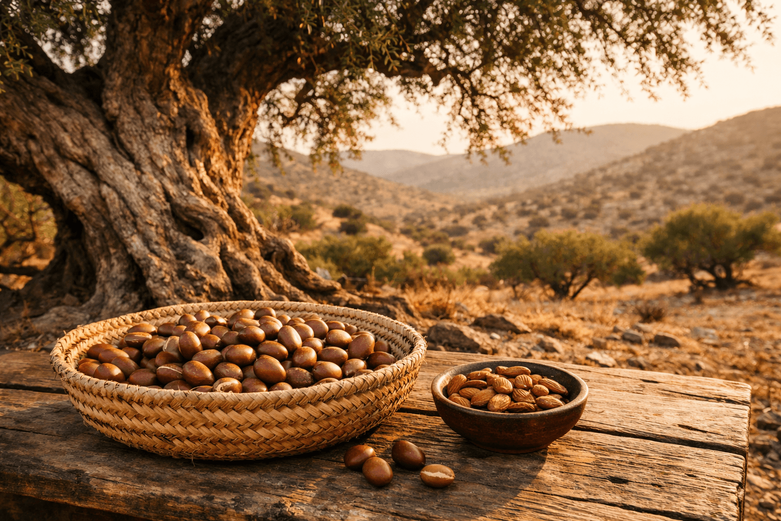 Arganier centenaire de la vallée du Souss au coucher du soleil