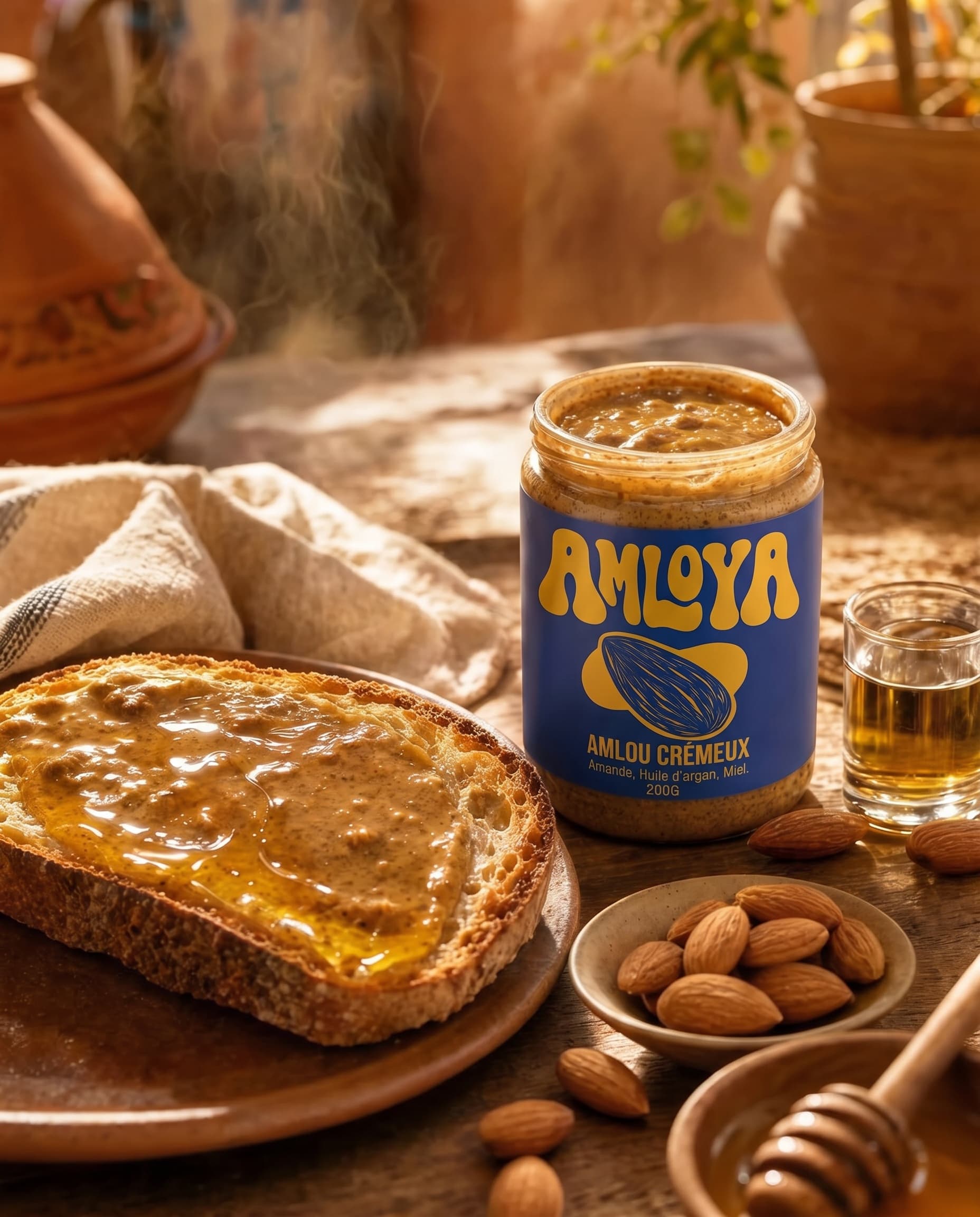 Pot AMLOYA ouvert sur une table marocaine avec tartine d'amlou, amandes et thé